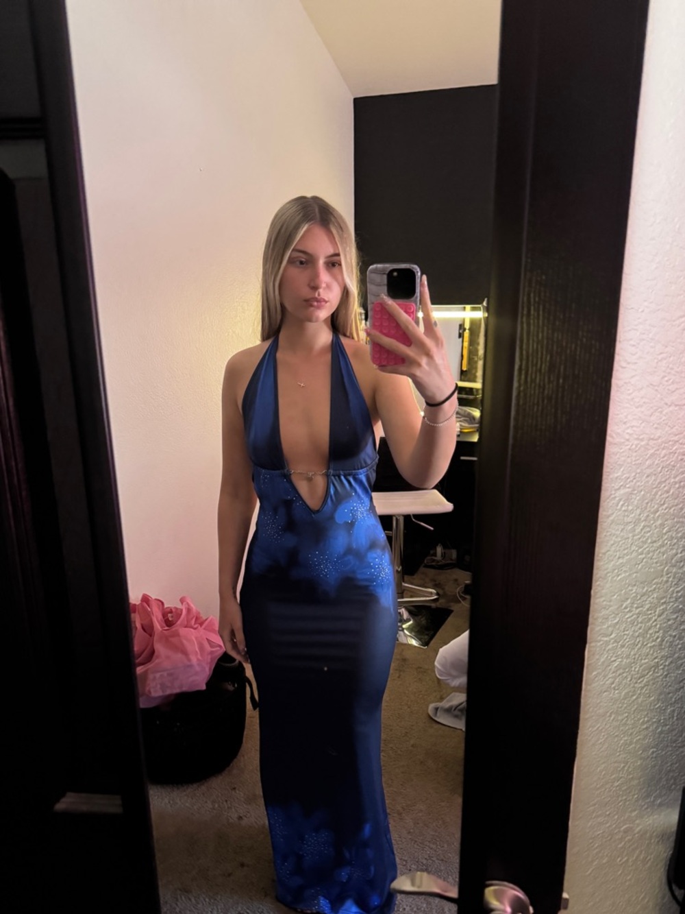 Elegant Royal Blue and Black Halter Maxi Dress